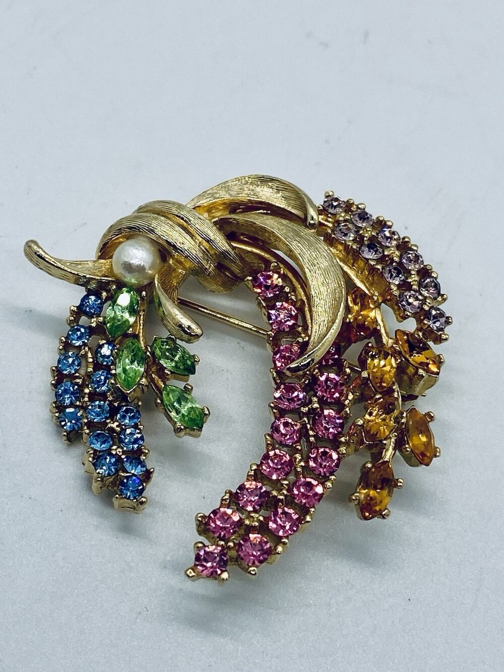 Vintage Signed ART Multi-Color Rhinestone & Faux Pearl Floral Spray Brooch